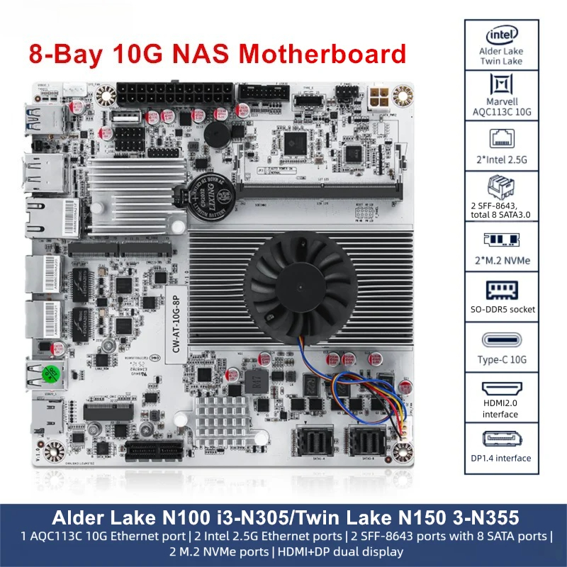 Nas Motherboard 8 Sata Mini Itx - 8ベイ10G NASマザーボード Intel i3-N300/N150 1*10G+2*2.5G LANポート