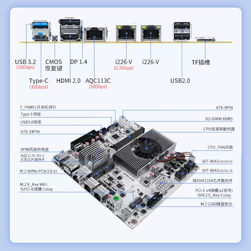 Nas Motherboard 8 Sata Mini Itx - 8ベイNASマザーボード、N100/N150/N305/N355 CPU搭載、10GbE SATAポート付き、ホームサーバー用Mini-ITX対応
